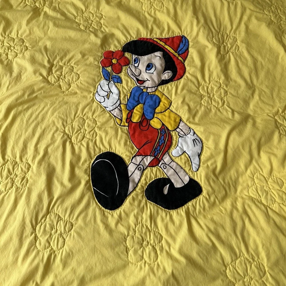 Vintage Disney Pinocchio Yellow Handmade Flower Bedding Blanket Quilt Toddler
